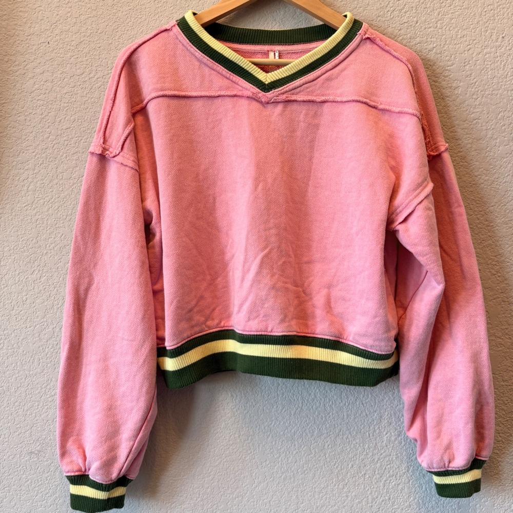 FP Movement Rio Sweatshirt 100% Cotton Womens M Pinky Promise V-Neck Cropped